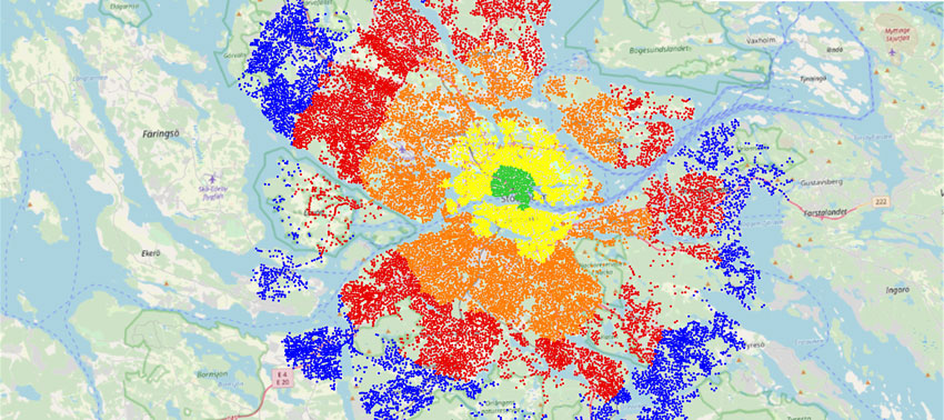 Cykelpotential i Stockholm. Mer &auml;n 70 % av l&auml;nets inv&aring;nare skulle kunna cykla till jobbet p&aring; mindre &auml;n 30 minuter om cykling till&aring;ts p&aring; alla v&auml;gar.